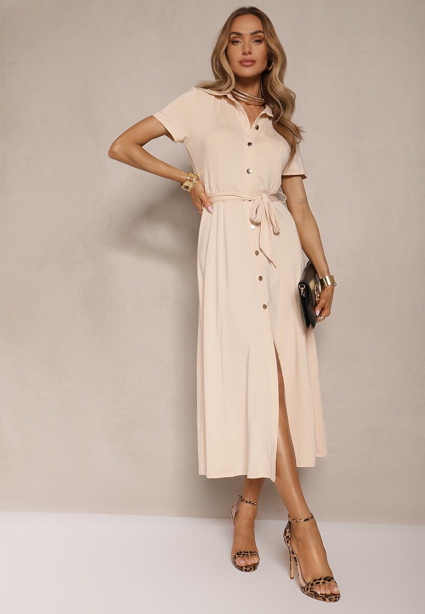 Jasnobeżowa Sukienka Koszulowa z Wiązanym Paskiem Asheila