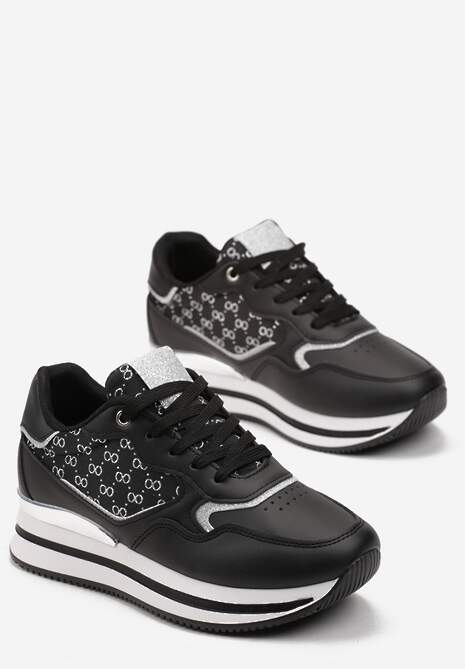 Czarne Sneakersy na Grubej Podeszwie z Metaliczną Wstawką Piria