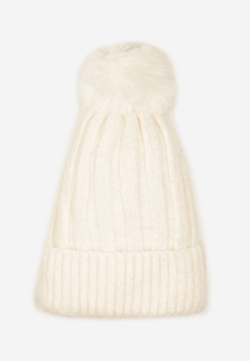 Jasnobeżowa Prążkowana Czapka Ozdobiona Pomponem Vamilora