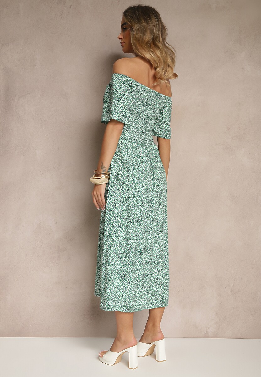 Zielona Bawełniana Sukienka Hiszpanka o Rozkloszowanym Kroju w Kwiaty Sadique