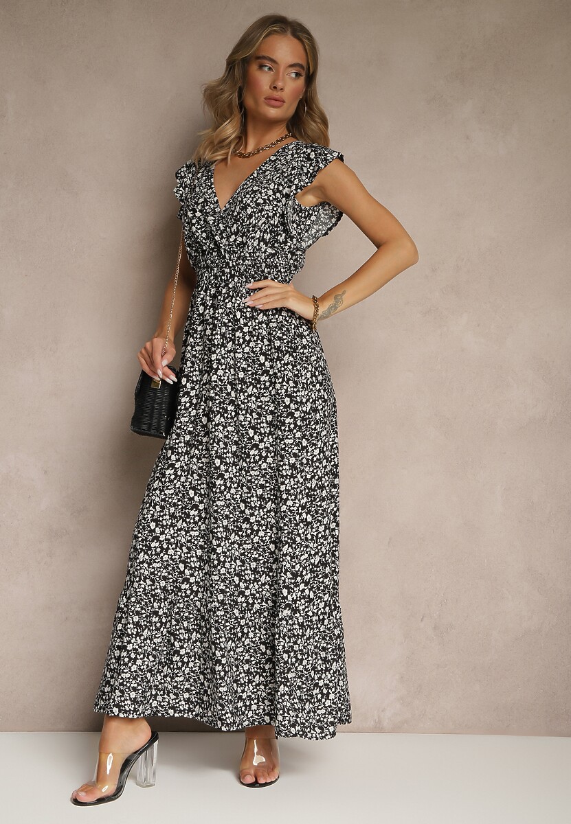 Czarna Rozkloszowana Sukienka Zdobiona Falbanami i Kwiatowym Printem Aravee