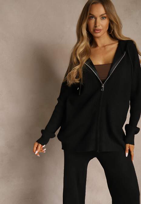 Czarny Komplet z Wełną i Bawełną Rozpinana Bluza z Kapturem i Szerokie Spodnie Reisema