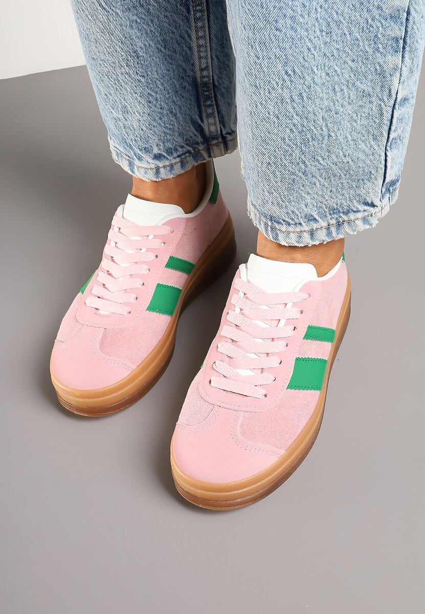 Różowo-Zielone Sneakersy na Płaskiej Podeszwie z Ozdobnymi Paskami Velali