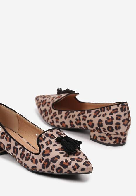 Beżowo-Czarne Czółenka Cętkowane z Frędzlami na Małym Obcasie Erisana