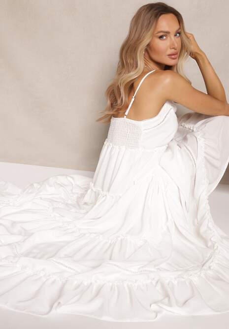 Biała Rozkloszowana Sukienka na Cienkich Ramiączkach z Wiskozy i Bawełny Mimilia