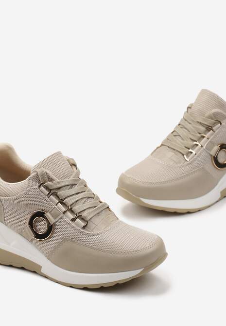 Beżowe Sneakersy na Koturnie z Metalicznymi Wstawkami Tapa