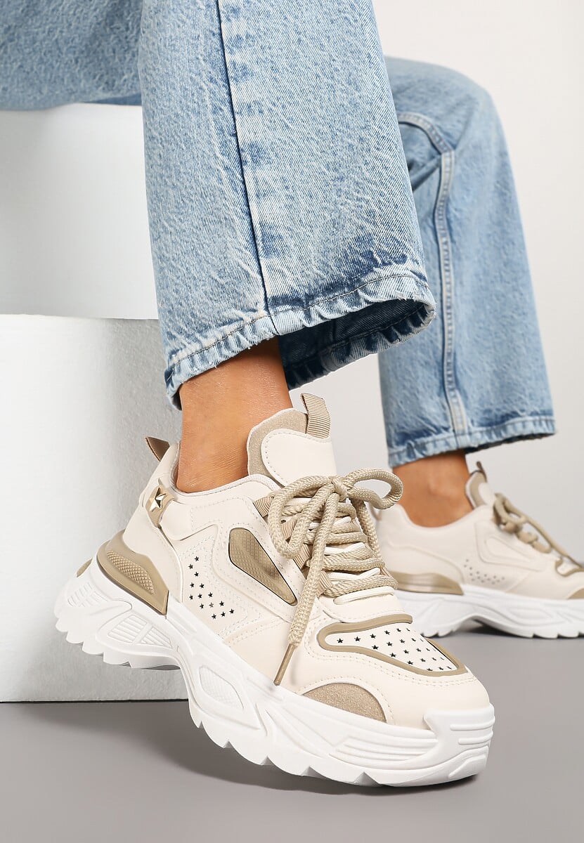 Beżowe Sneakersy Streetwearowe na Grubej Podeszwie Waniffia