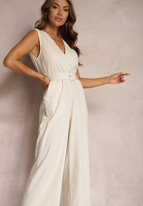 Beżowy Bawełniany Kombinezon z Kopertowym Dekoltem Paskiem z Klamrą i Gumką w Talii Risalen