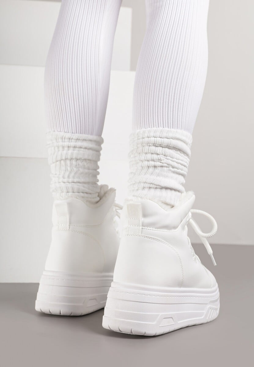 Białe Sneakersy na Grubej Podeszwie Mocno Ocieplane Futrem Leavinael