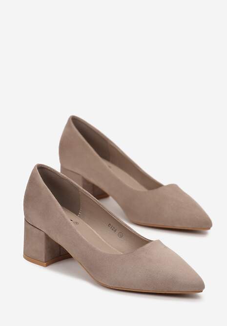 Ciemnobeżowe Czółenka z Imitacji Zamszu na Niskim Słupku Rahal