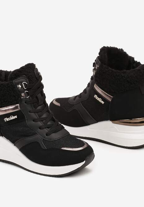 Czarne Sneakersy na Koturnie z Wysoką Cholewką Ozdobione Brokatem Sinthera