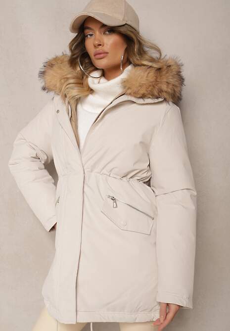 Jasnobeżowa Kurtka Parka Ściągana w Talii z Podwójnym Suwakiem i Kapturem z Futrem Edrieth