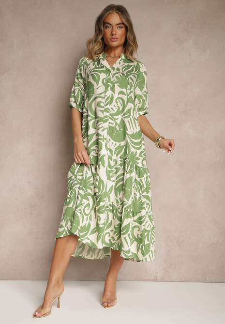 Zielona Rozkloszowana Sukienka z Wiskozy Ozdobiona Falbaną Filesenia