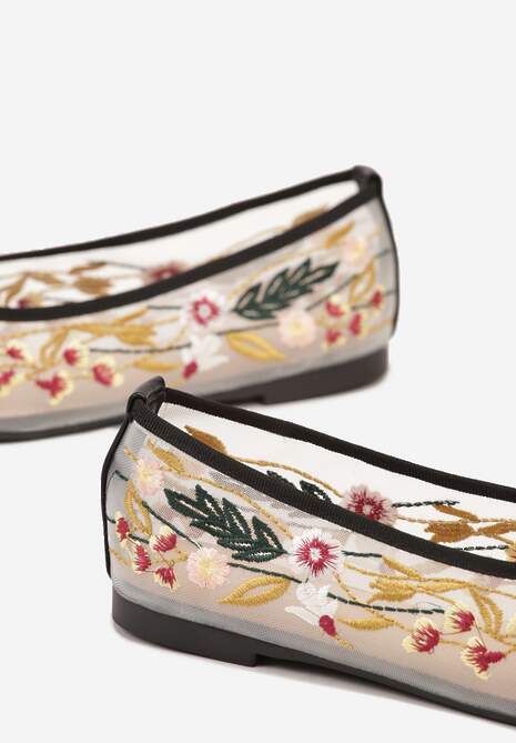 Czarne Haftowane Balerinki z Siateczki z Kwiatowym Motywem Feviane