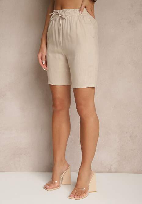 Jasnobeżowe Klasyczne Szorty High Waist z Lnem Genalira