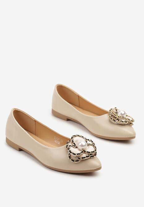Beżowe Balerinki ze Szpiczastym Noskiem Zdobione Kwiatową Aplikacją z Perłą Nairineva