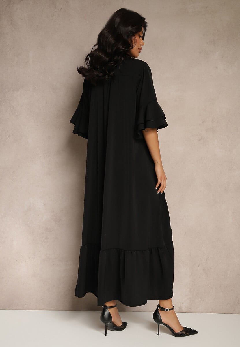 Czarna Koszulowa Sukienka Ozdobiona Falbanką Ransara