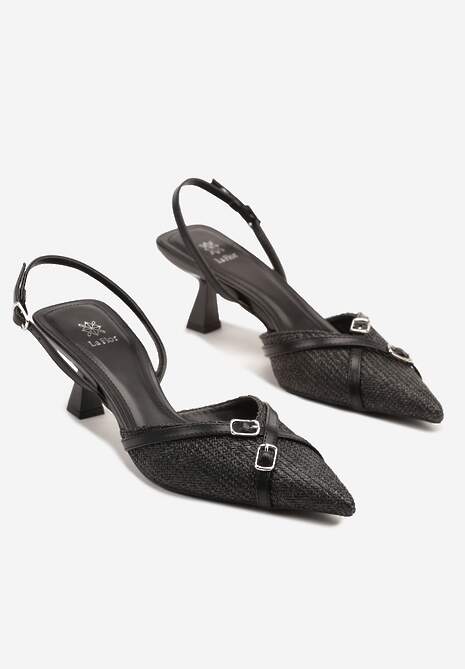 Czarne Sandały na Kaczuszce z Odkrytą Piętą o Ozdobnymi Sprzączkami Adivini
