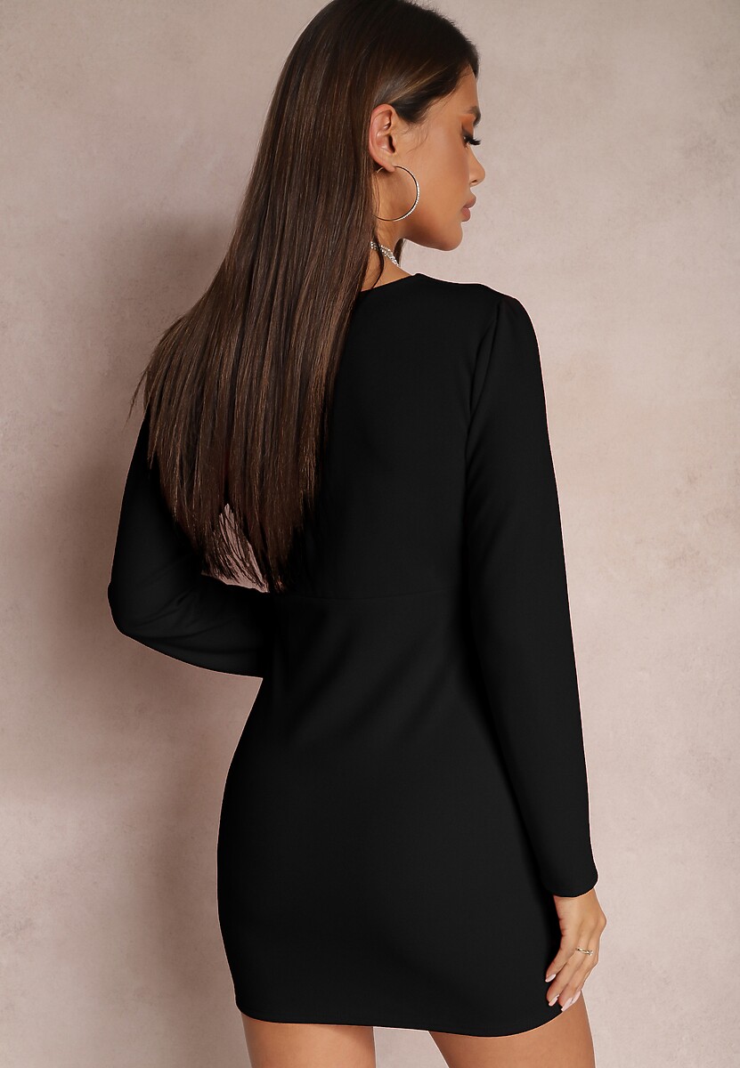 Czarna Taliowana Sukienka Mini z Ozdobnym Drapowaniem Okka