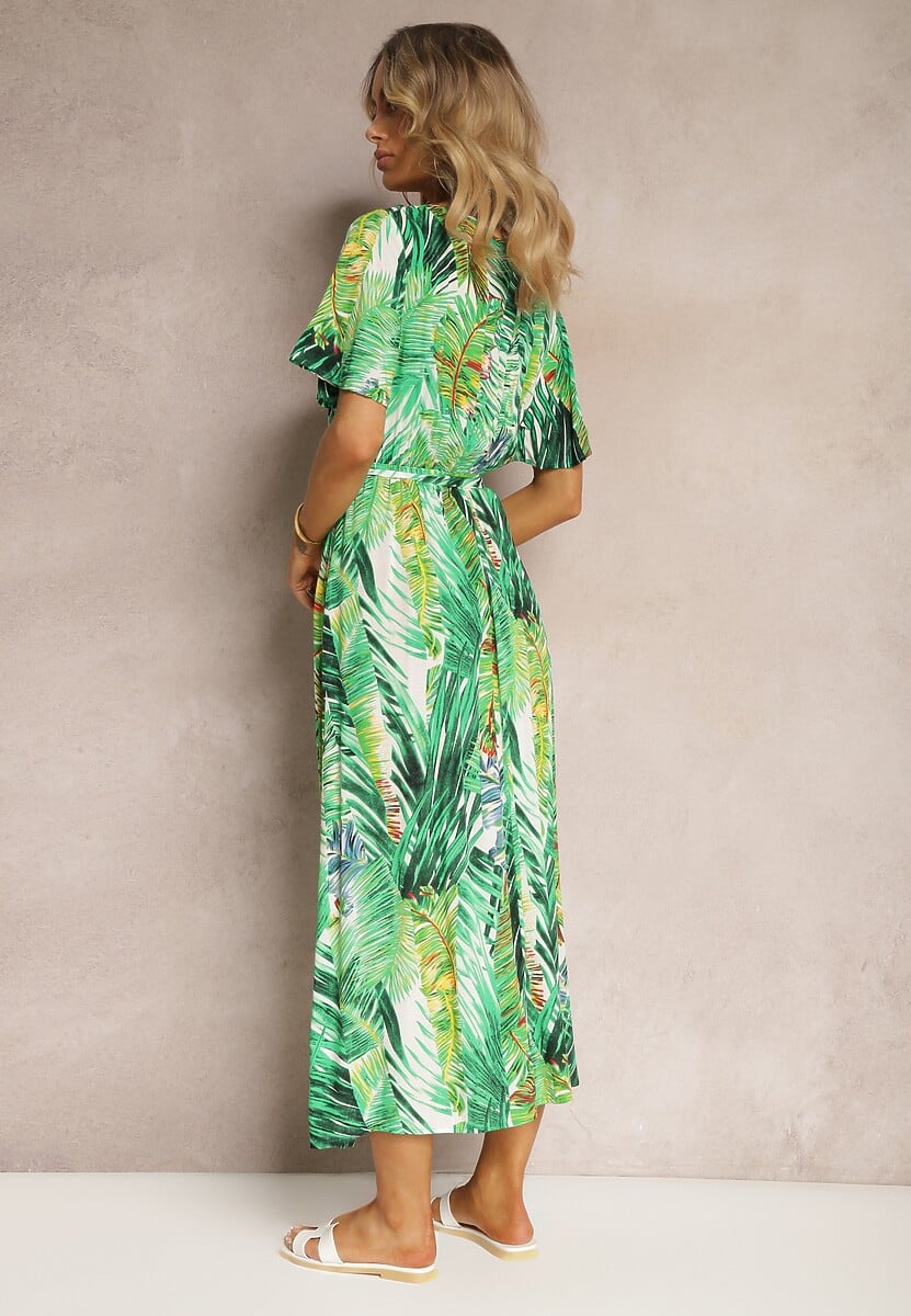 Biało-Zielona Wiskozowa Sukienka Kopertowa z Gumką i Paskiem w Talii Kiremia