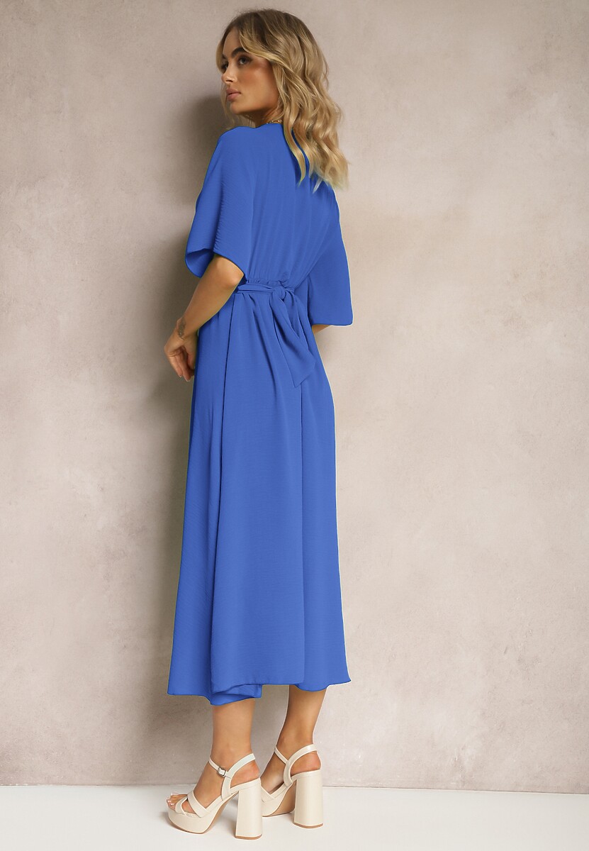 Granatowa Rozkloszowana Sukienka Maxi z Szerokim Rękawem i Gumką w Pasie Sador