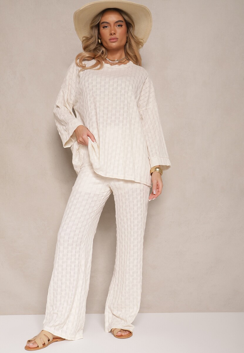 Różowy Komplet ze Spodniami o Szerokim Kroju i Bluzką z Długim Rękawem Caniffia