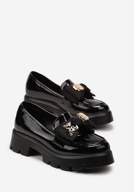Czarne Wsuwane Mokasyny z Lakierowanej Ekoskóry z Ozdobną Kokardką Nimena