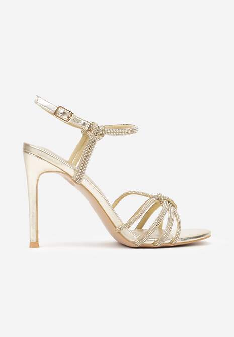 Złote Sandały na Szpilce z Przeplatanymi Paskami z Cyrkoniami Lunafera