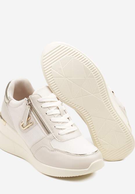 Beżowe Sneakersy na Koturnie z Ozdobnym Zamkiem Błyskawicznym Hanarael