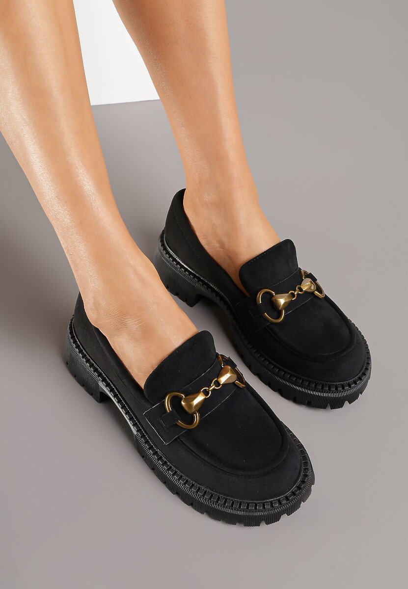 Czarne Mokasyny Ozdobione Klamrą Drekkia