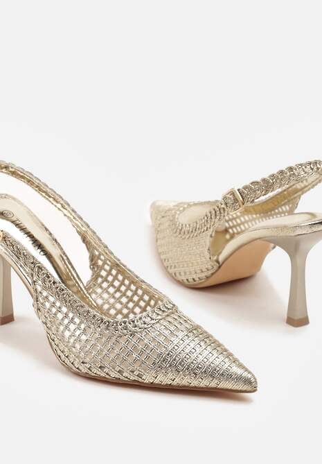 Złote Sandały na Szpilce Typu Slingback Ozdobione Plecionką Meranoria