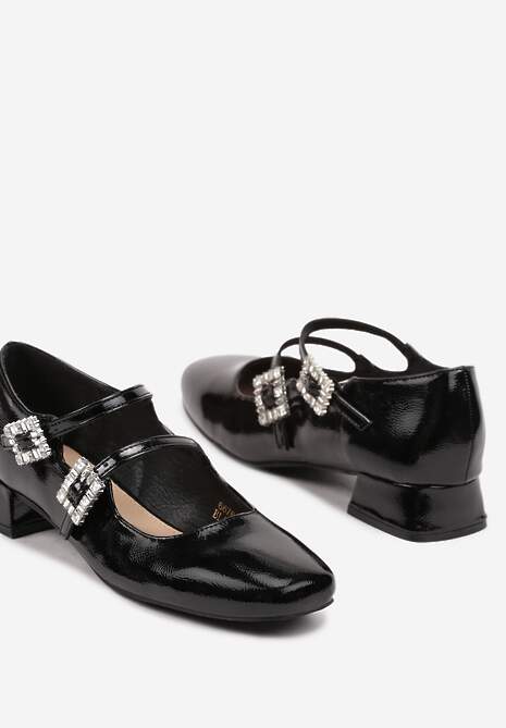 Czarne Czółenka Lakierowane z Kwadratowym Noskiem i Klamrami Terinas