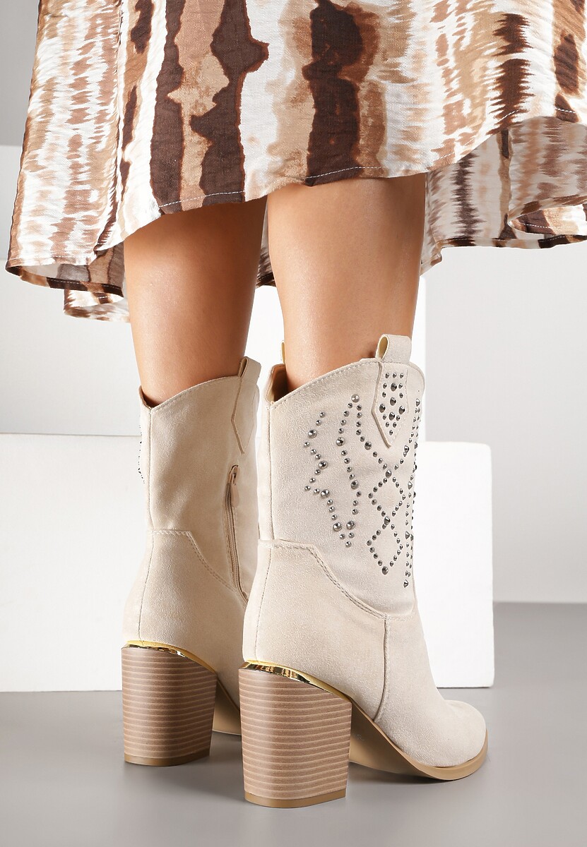 Beżowe Botki na Słupku w Stylu Kowbojek Irilianne