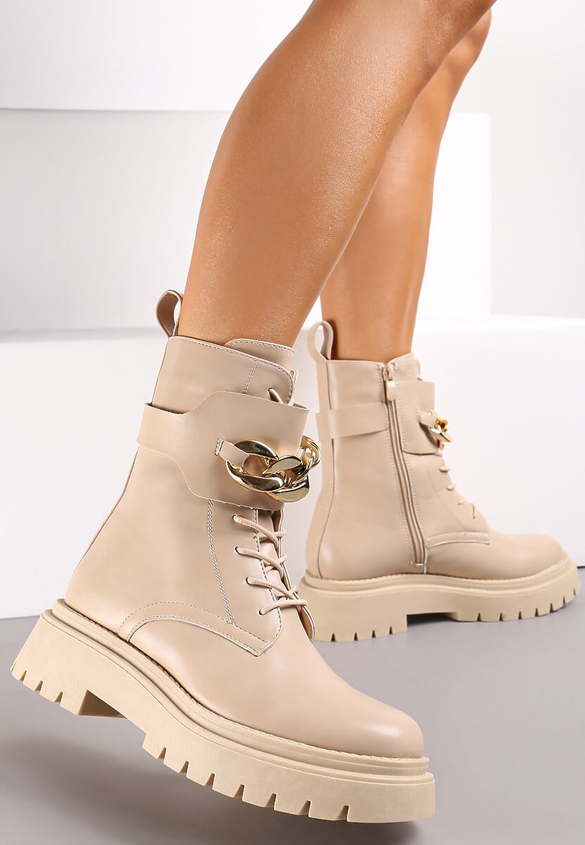 Beżowe Sznurowane Botki Typu Workery na Platformie z Ozdobnym Łańcuchem Barna