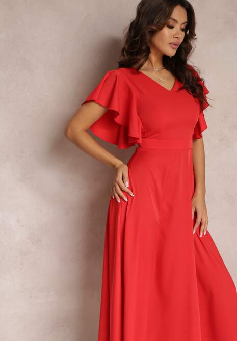 Czerwona Sukienka o Rozkloszowanym Kroju z Falbanami Bouchard