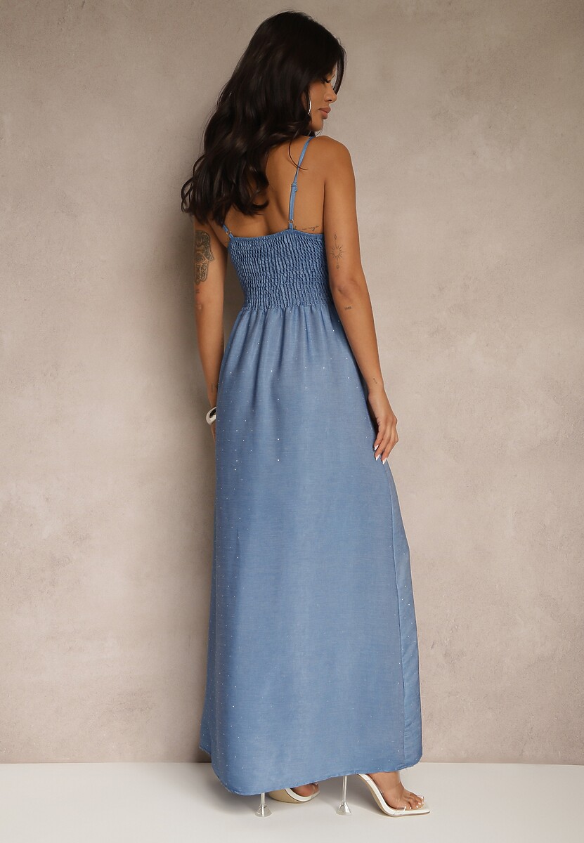 Niebieska Wiskozowa Sukienka o Kopertowym Kroju na Ramiączkach z Cyrkoniami Aravice