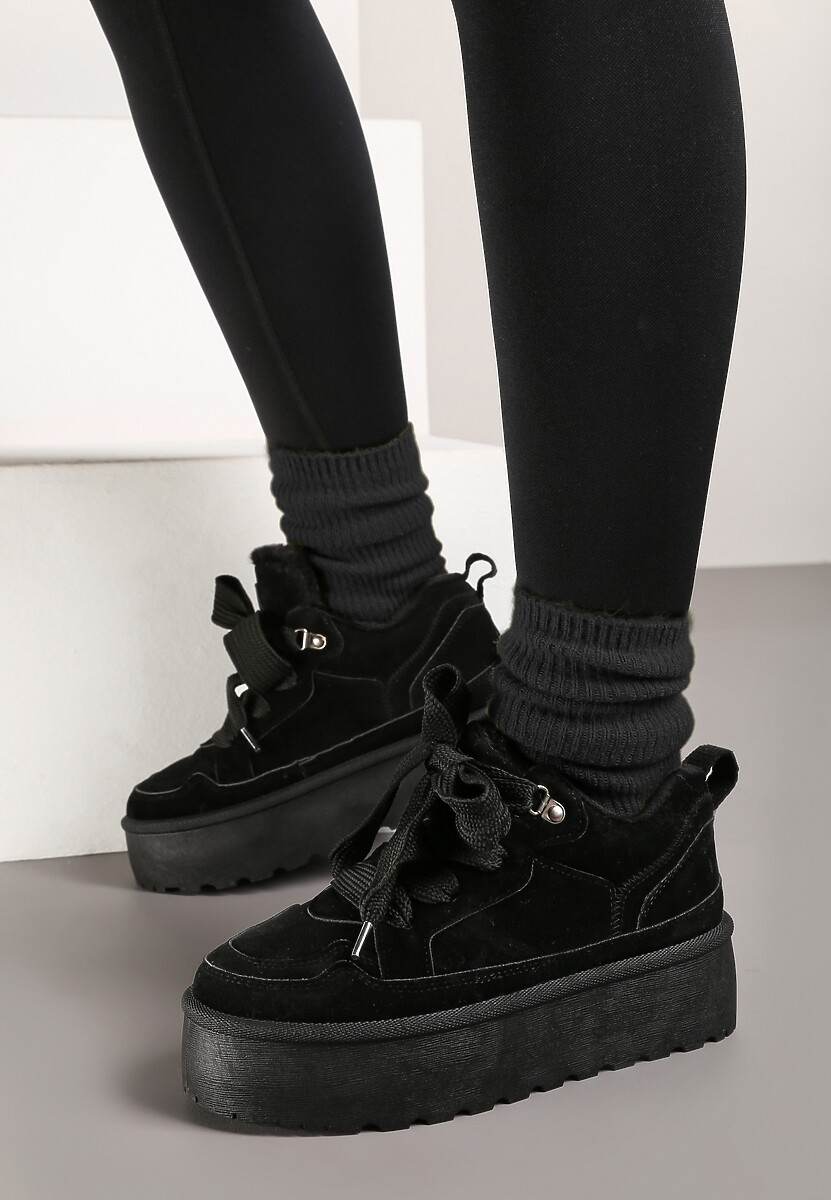 Czarne Sneakersy Vices Stylizowane na Śniegowce na Platformie Obszyte Futerkiem Naleris