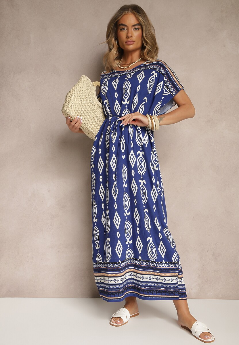 Niebieska Wiskozowa Sukienka o Pudełkowym Kroju w Etniczny Print Miriliana