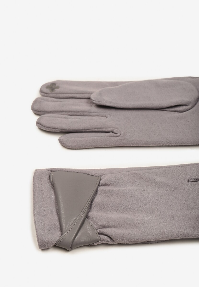 Szare Eleganckie Rękawiczki z Bawełną i Wywiniętą Aplikacją przy Nadgarstku Sissemi