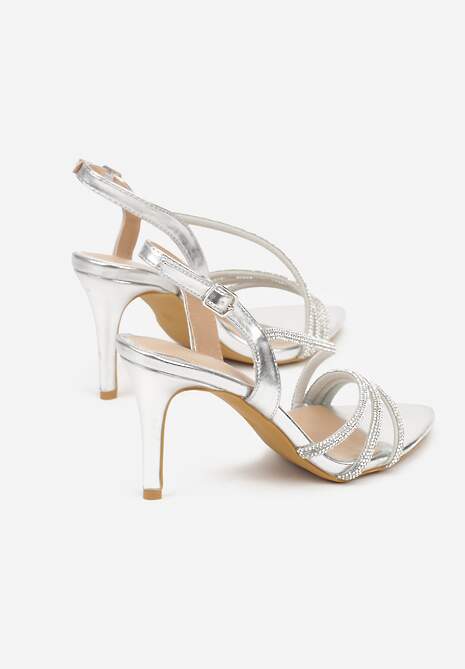 Srebrne Cyrkoniowe Sandały na Obcasie Typu Szpilka Kalefera