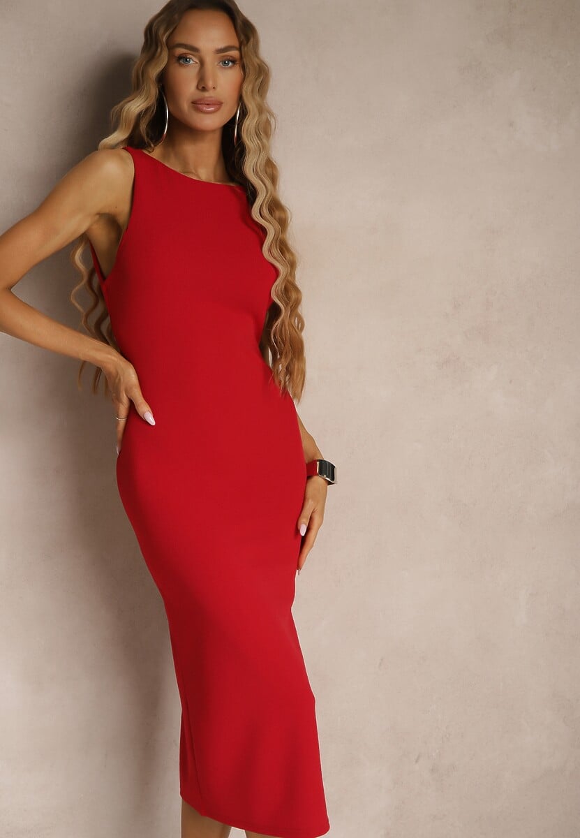 Różowa Ołówkowa Sukienka Bez Rękawów z Wiskozą Zdobiona Rozcięciem z Tyłu Fonama