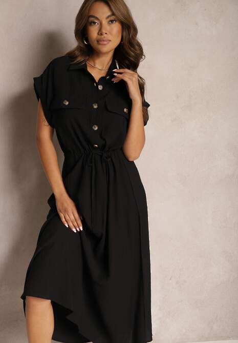 Czarna Sukienka z Wiskozy o Rozkloszowanym Kroju z Gumką w Pasie i Napami Memvia