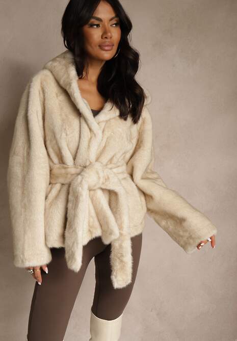 Beżowa Futerkowa Kurtka z Kapturem i Wiązanym Paskiem Zetele