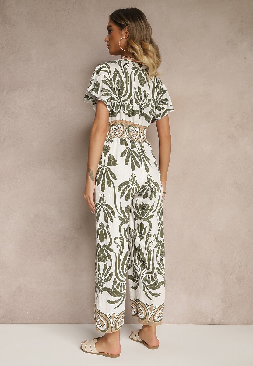 Ciemnozielony Kombinezon z Wiskozy z Zaznaczoną Talią w Boho Wzór i Dekoltem V Virazia