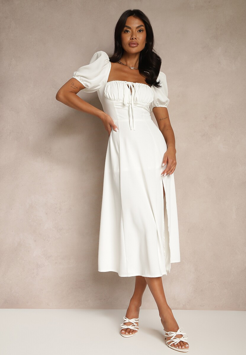 Biała Rustykalna Sukienka o Rozkloszowanym Kroju z Wiązaniem i Rozcięciem Idanvera