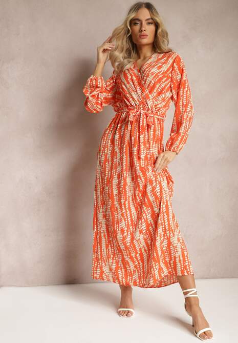 Pomarańczowa Długa Kopertowa Sukienka z Abstrakcyjnym Motywem i Paskiem w Talii Delphinna