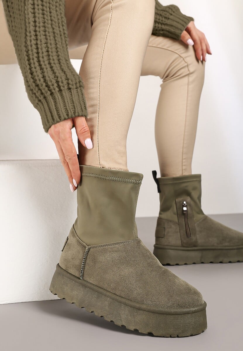 Zielone Płaskie Ocieplane Śniegowce z Elastyczną Cholewką Sevidia