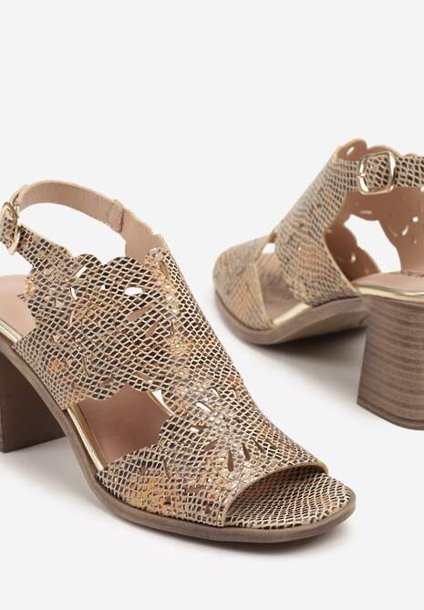 Złote Ażurowe Sandały na Słupku ze Skórzaną Wkładką Lianisse