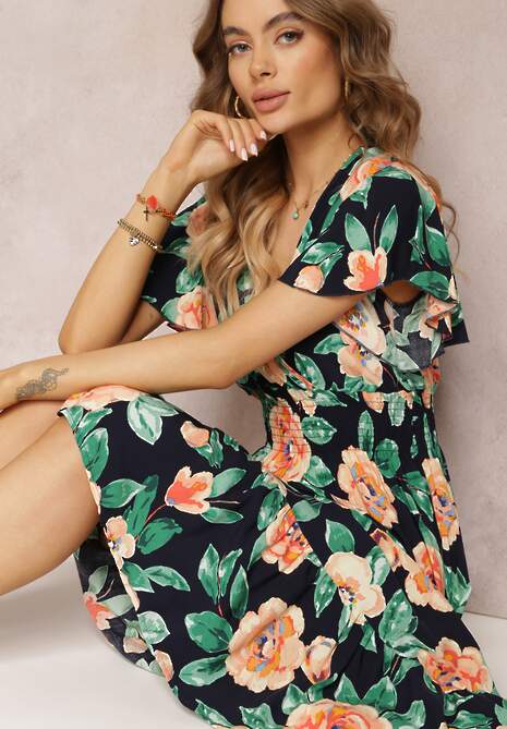 Granatowa Rozkloszowana Sukienka Maxi z Gumkami w Talii i Falbankami Tayte