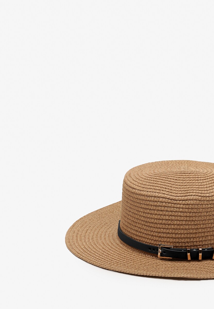 Ciemnobeżowy Kapelusz z Plecionki z Paskiem i Szerokim Rondem Aspicaia
